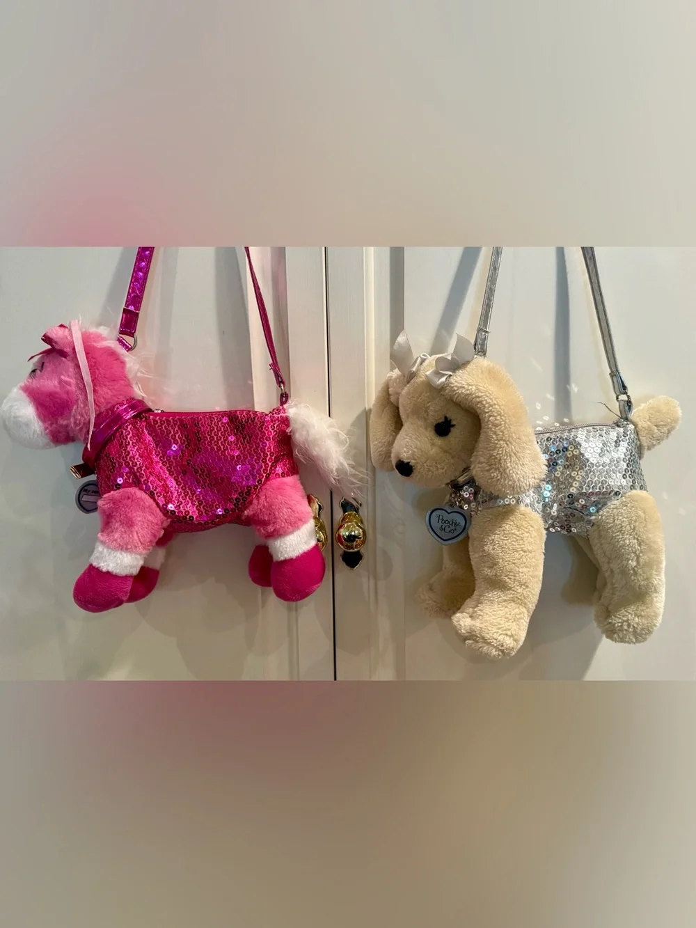 Set of 2 Poochie & Co Sequined Plush Dog and Pony Zippered Shoulder Bag